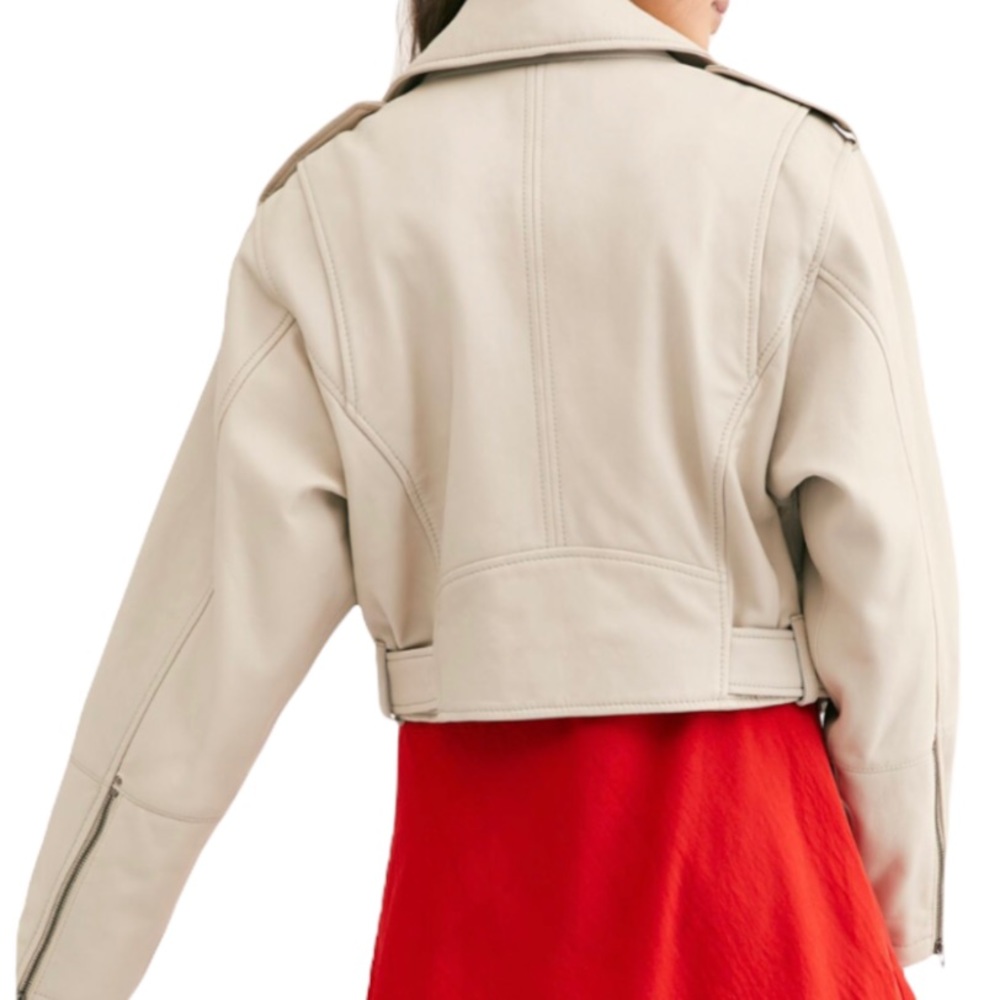 New We The Free Free People Slow Moves Lg 12/14 Beige Leather Belted Moto Jacket - Picture 4 of 9